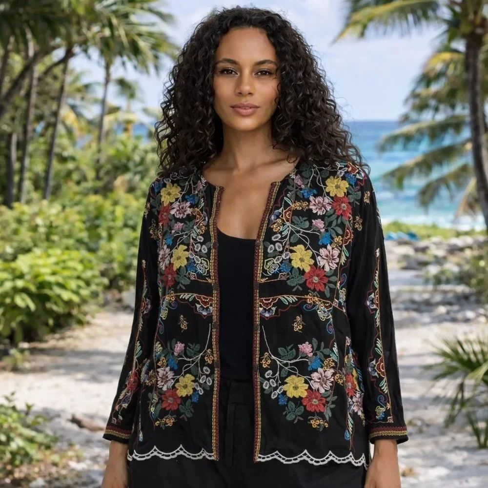 Johnny Was Cabo long sleeve button down embroidered floral tribal blouse jacket